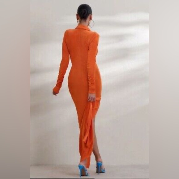 NWT Club L London Restless Heart | Orange Plunge Neck Ruched Detail Maxi Dress - Picture 2 of 8